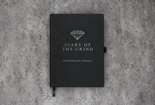 Black Diary of the Grind Performance Journal with silver branding